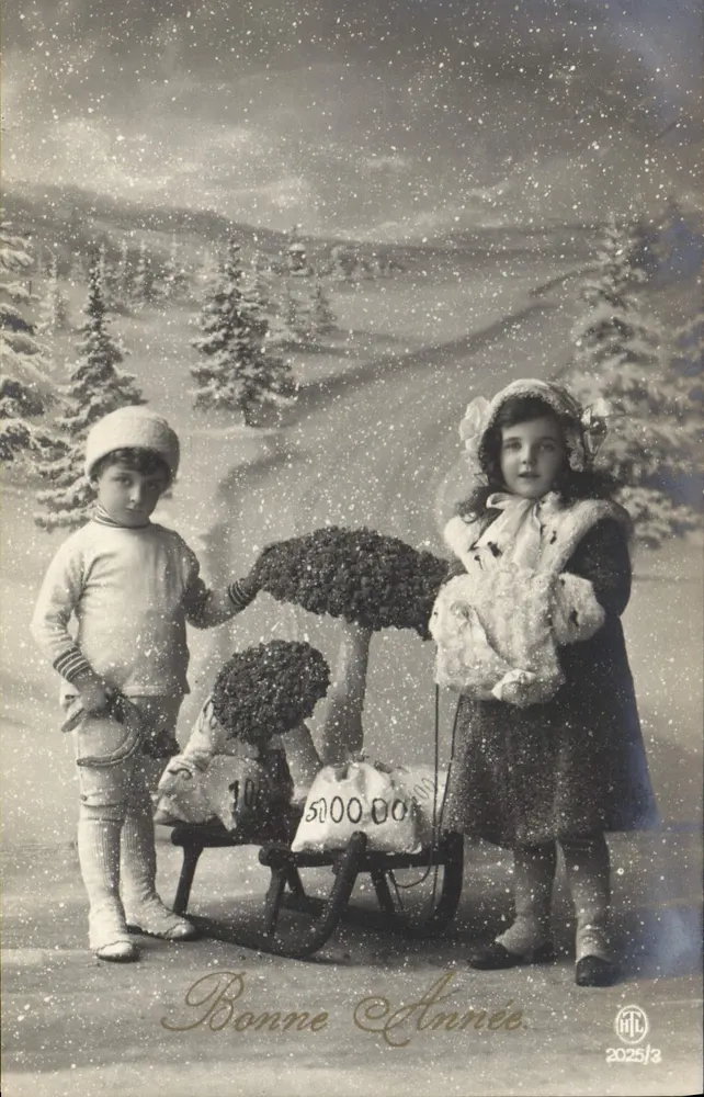 Zwei Kinder im Schnee — Weihnachtszene — Verlag MTL, Nr. 2025/3 - Vorderseite