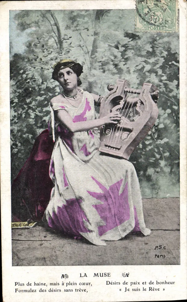 La Muse — Frau in violettem Kleid, das Lyra spielt — Verlag P.S.C. Paris - Vorderseite
