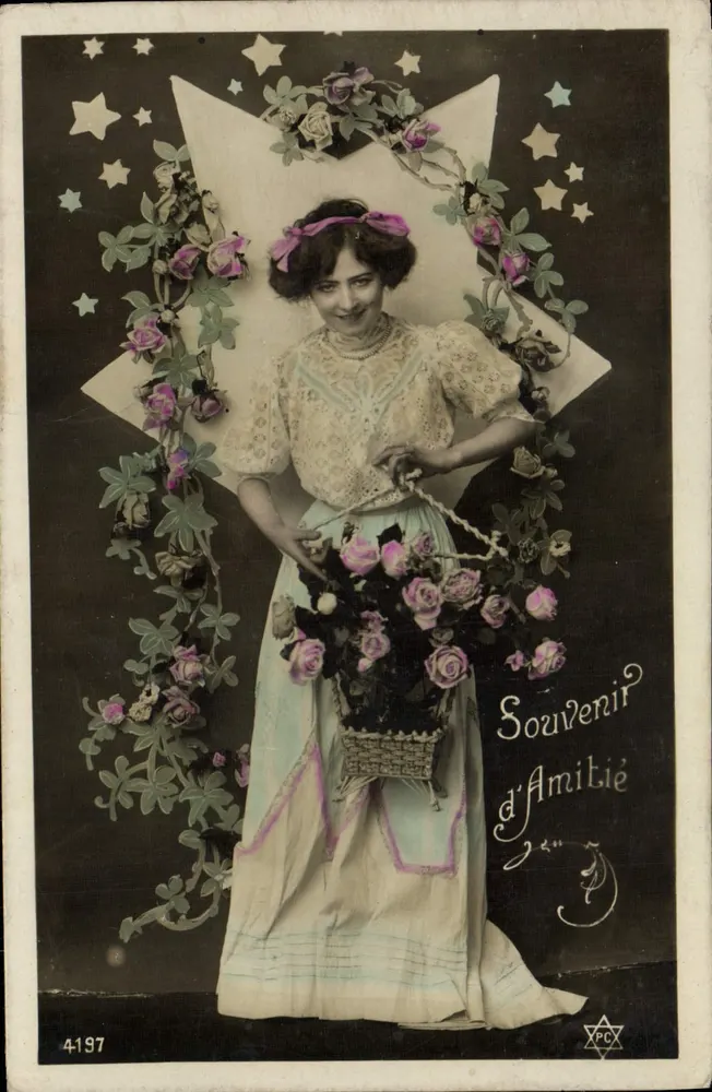 Frau mit einem Korb voll Rosen — Souvenir d'Amitié — PCO n°4197 - Vorderseite