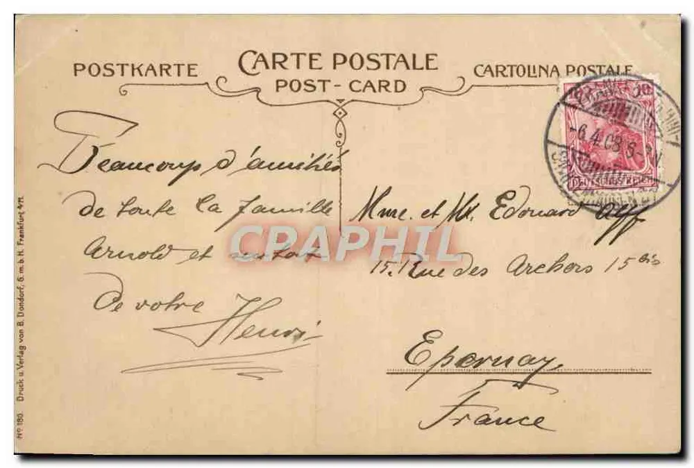 Scène de bal — trois couples en tenue de soirée — éditeur Druck u. Verlag von B. Uonderf, 6 m. b. H. Frankfurt a.M. - Rückseite