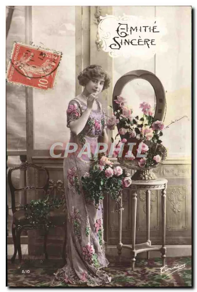 Junge Frau in einem blumigen Kleid vor einem Spiegel — Aufrichtige Empfindung — Émile Cramer, Nr. 510 - Vorderseite