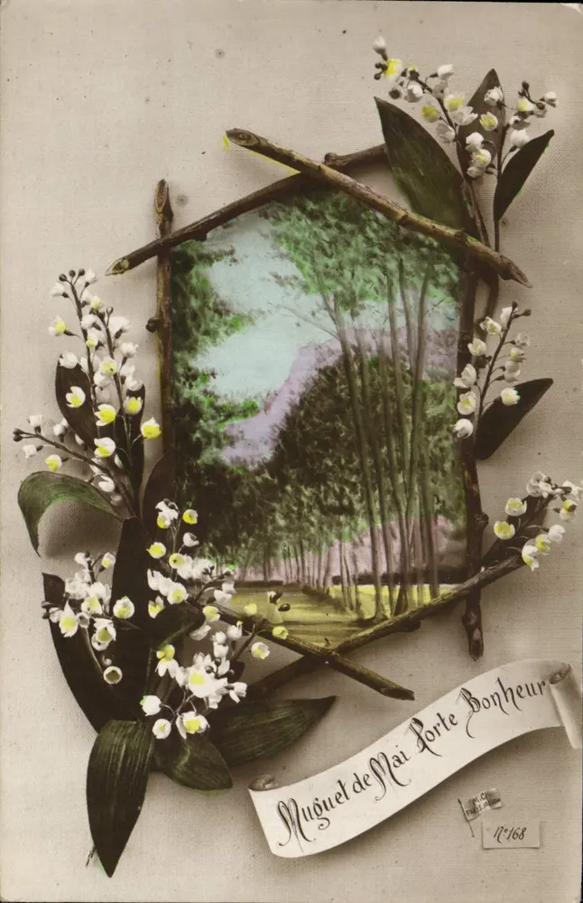 Lilas de Mai Porte Bonheur — dekorative Ansichtskarte mit Rahmen aus Zweigen und Lilien, Verlag Nr. 168 - Vorderseite