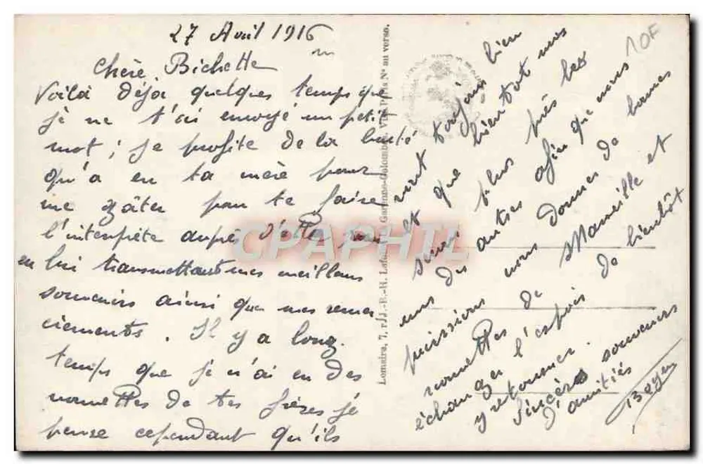 Lilas de Mai Porte Bonheur — dekorative Ansichtskarte mit Rahmen aus Zweigen und Lilien, Verlag Nr. 168 - Rückseite