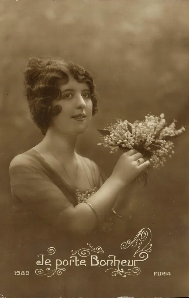 Je porte Bonheur — jeune femme tenant un bouquet — éditeur FURIA, n° 1980 - Vorderseite