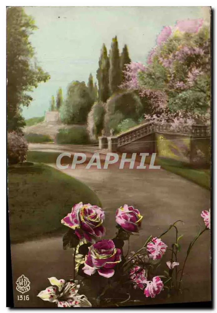 Ogród z różami i cypresami — wydawca WD Printers, n° 1316 - Awers