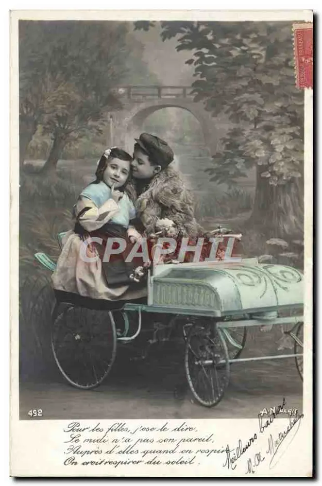 Enfants dans un landau — scène bucolique — éditeur A.N. Paris, n° 492 - Recto