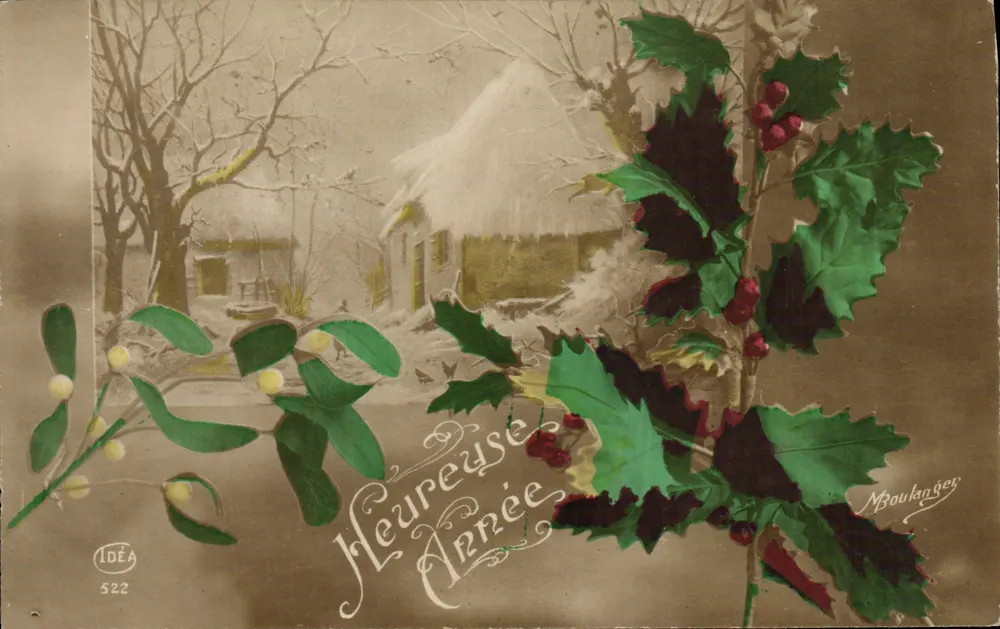 Cena invernal com chalé nevado — 'Heureuse Année' — Idéa 522, M. Boulangé - Frente