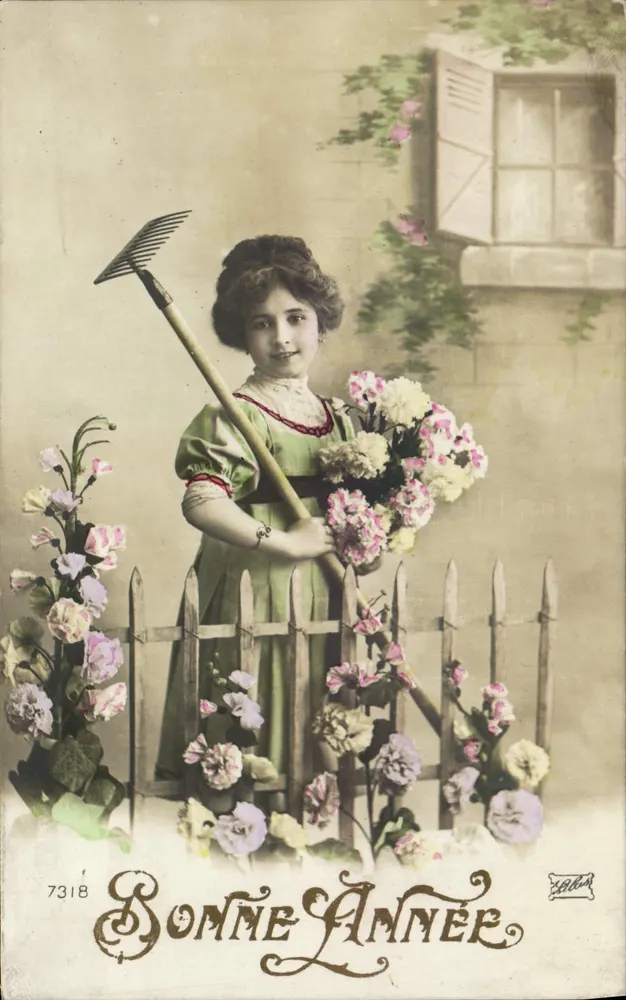 Mädchen mit einer Gabel und einem Blumenstrauß — Frohe Weihnachten — Verlag G. Golla, Nr. 7318 - Vorderseite