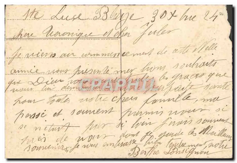 Bouquet de violettes et mimosa — carte de vœux avec texte manuscrit — éditeur non imprimé - Verso