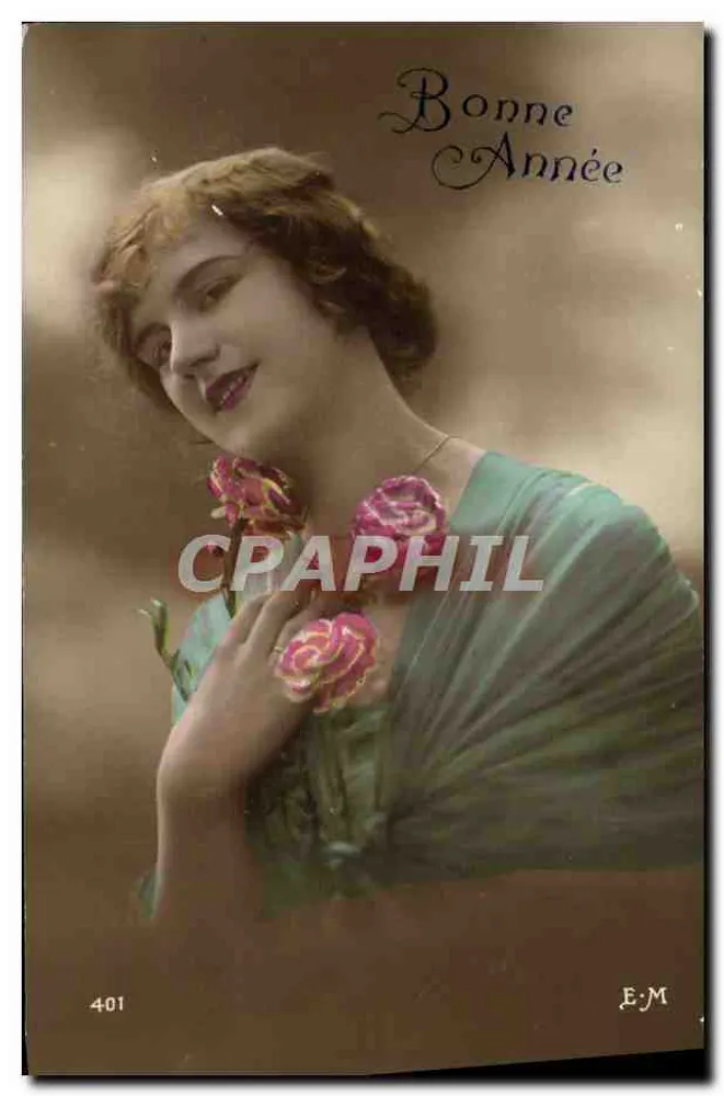 Junge Frau mit Rosen — Frohe Neujahr — E.M. n°401 - Vorderseite