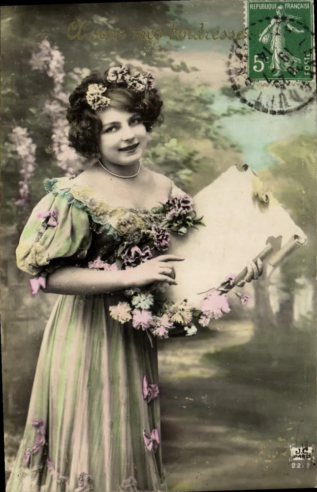 Junge Frau in blühendem Kleid — 'À vous mes tendresses' — J.C. Paris, n°22 - Vorderseite