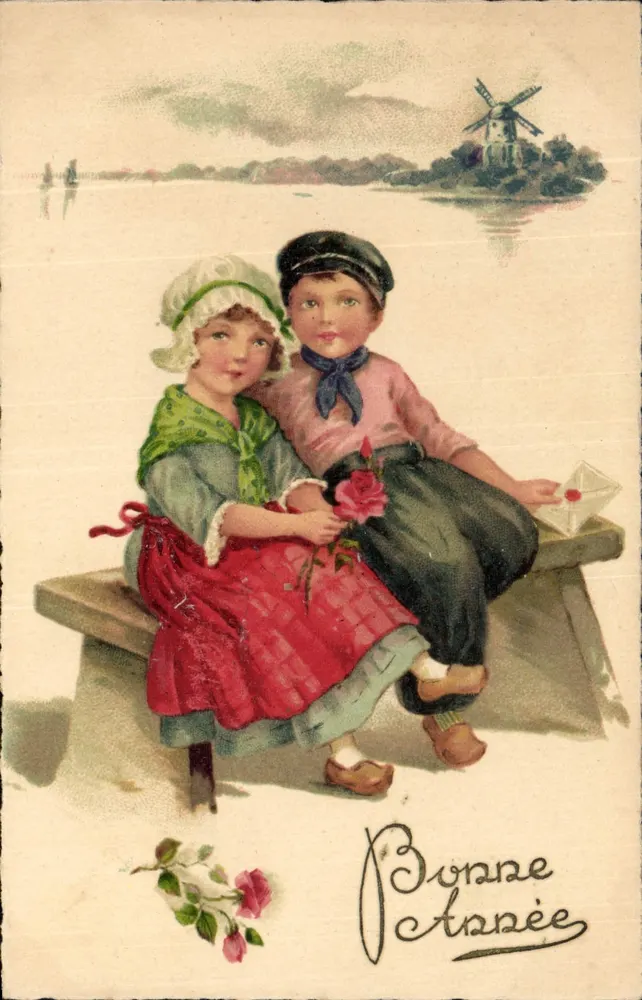 Kinder neben einer Mühle — Frohes Neues Jahr — EMKA Sarié - Vorderseite