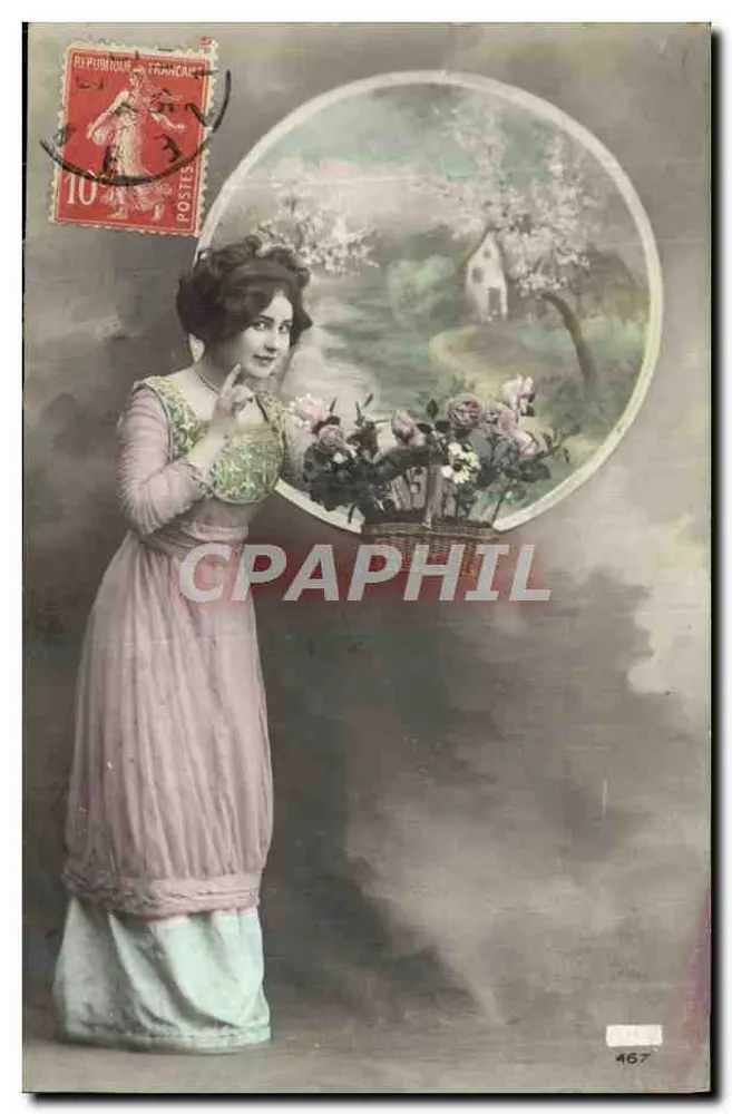 Junge Frau in einem rosa Kleid — blühendes Landschaftsbild — unbekannter Verlag, Nr. 467 - Vorderseite