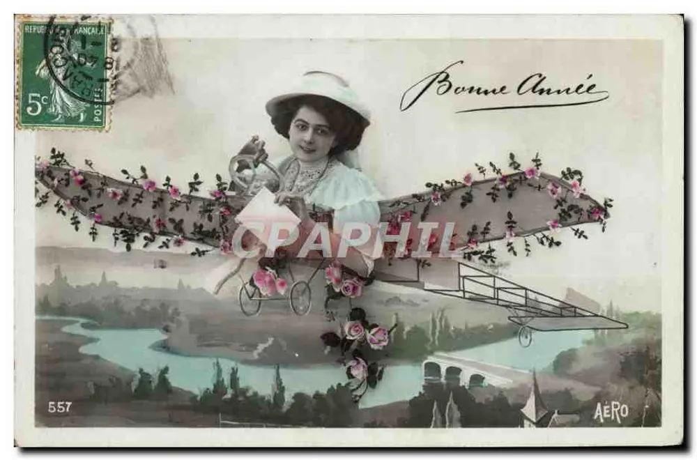 Frau in einem mit Rosen dekorierten Flugzeug — Frohe Neujahr — AÉRO, Nr. 557 - Vorderseite