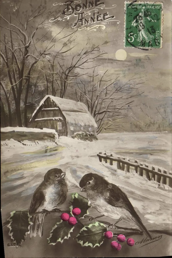 Paysage hivernal avec oiseaux — Bonne Année — éditeur Monniers, n° 635 - Recto
