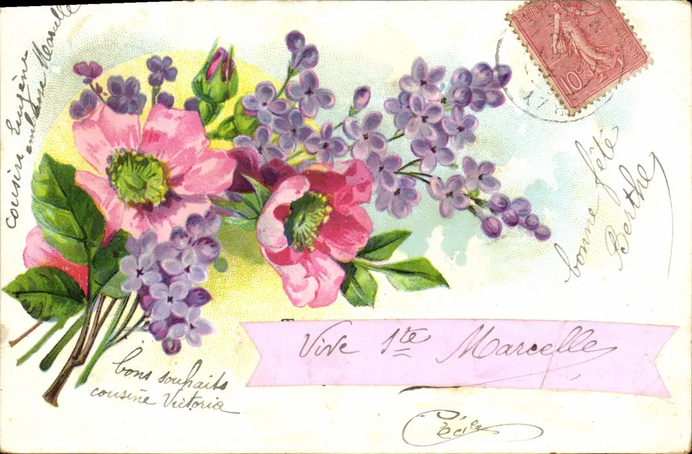 Arranjo de flores — VIVE LA MARCELLE — editor C. BERTHEY, série 8 - Frente