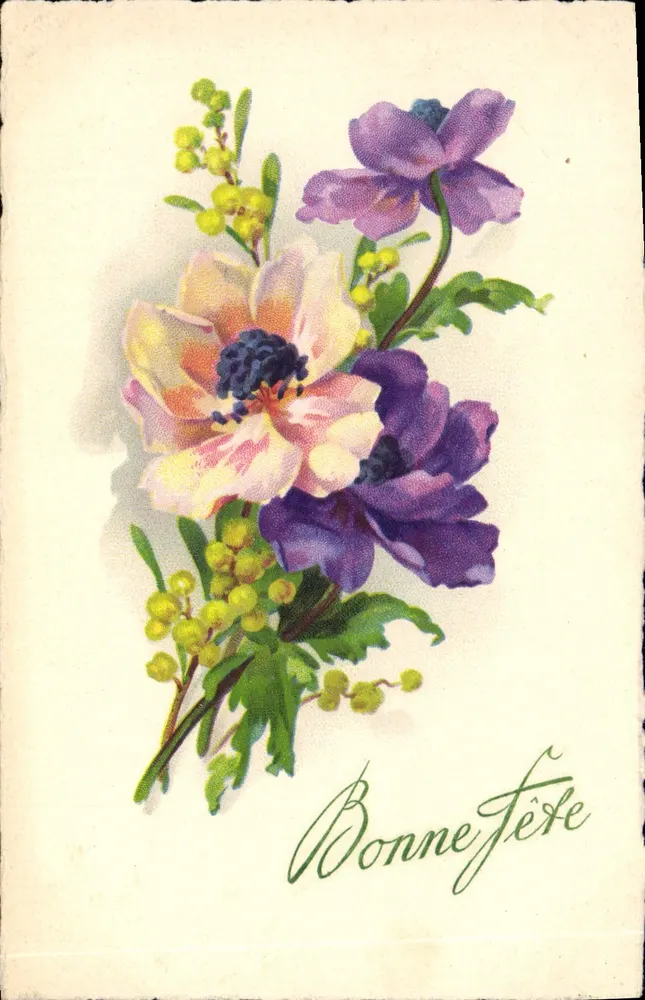 Buquê de flores — anêmonas e mimosa — carta postal de vœux - Frente