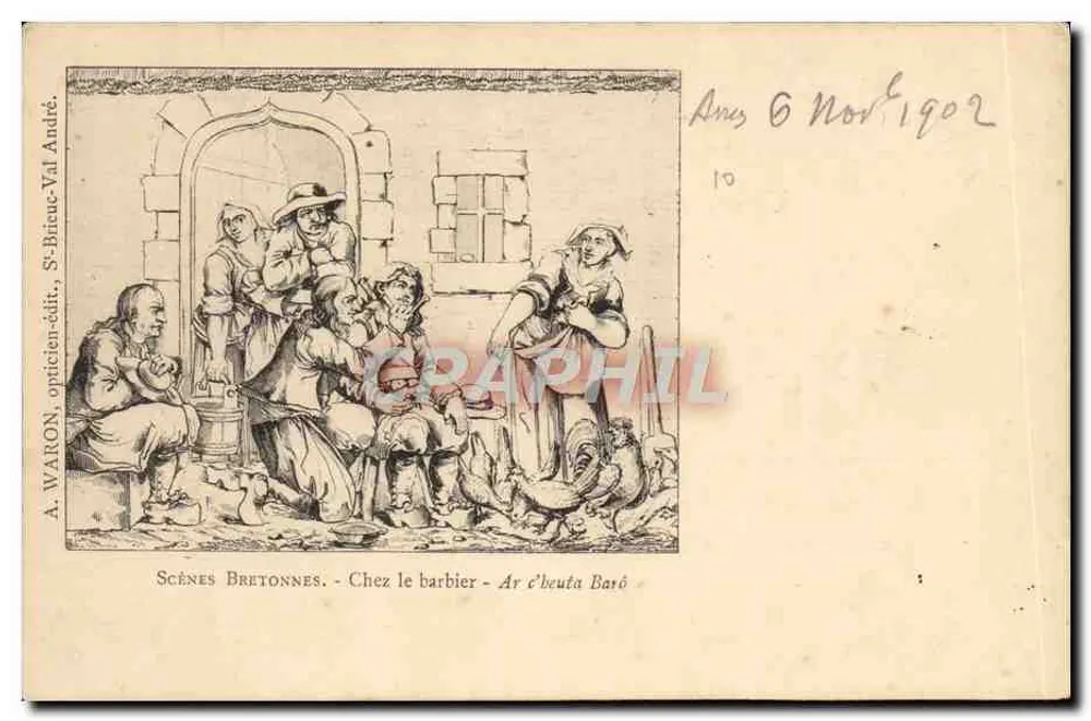 Bretonische Szenen - Beim Friseur - Ar c'heuta Baró — A. Waron, Optiker-Verleger, St-Brieuc-Val André - Vorderseite