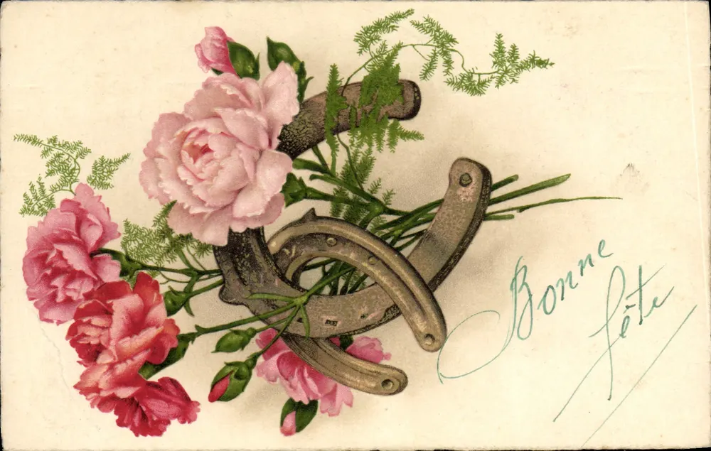 Arranjo de flores e sapatos de cavalo — Boa festa — editor não identificado, número de série não visível - Frente