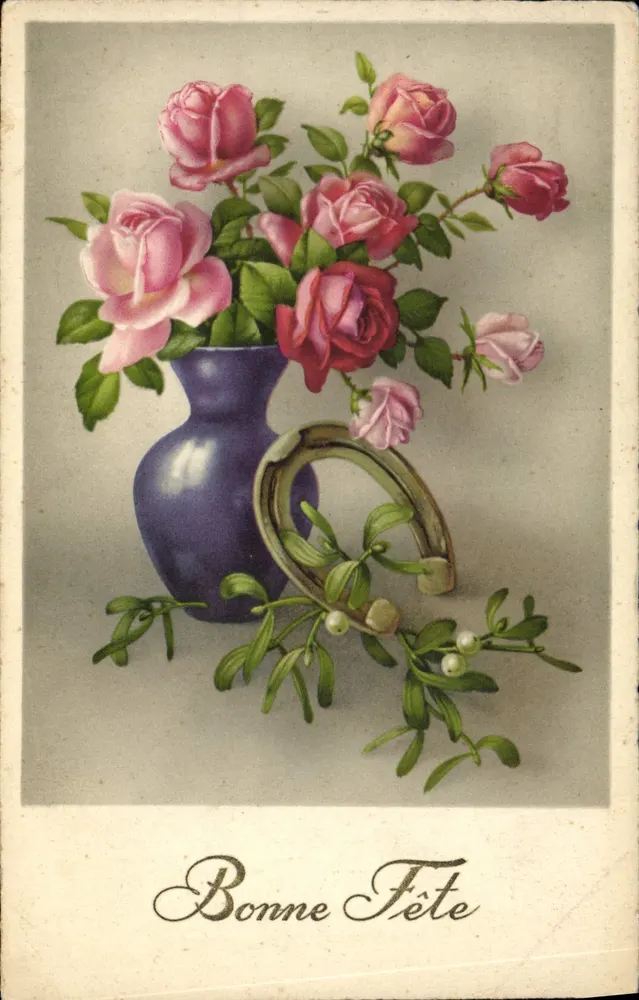 Arranjo de rosas — vaso azul e ramo de louro — texto 'Boa Festa' - Frente