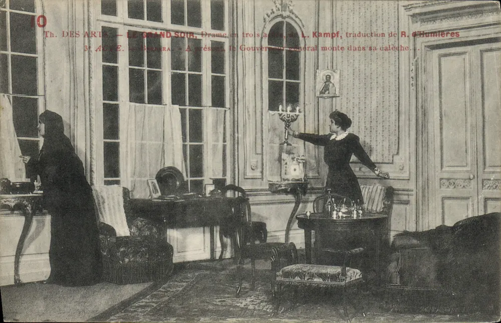 Th. DES ARTS — LE GRAND SOIR — 3rd ACT — Scene: The Governor General climbs into his carriage - Front