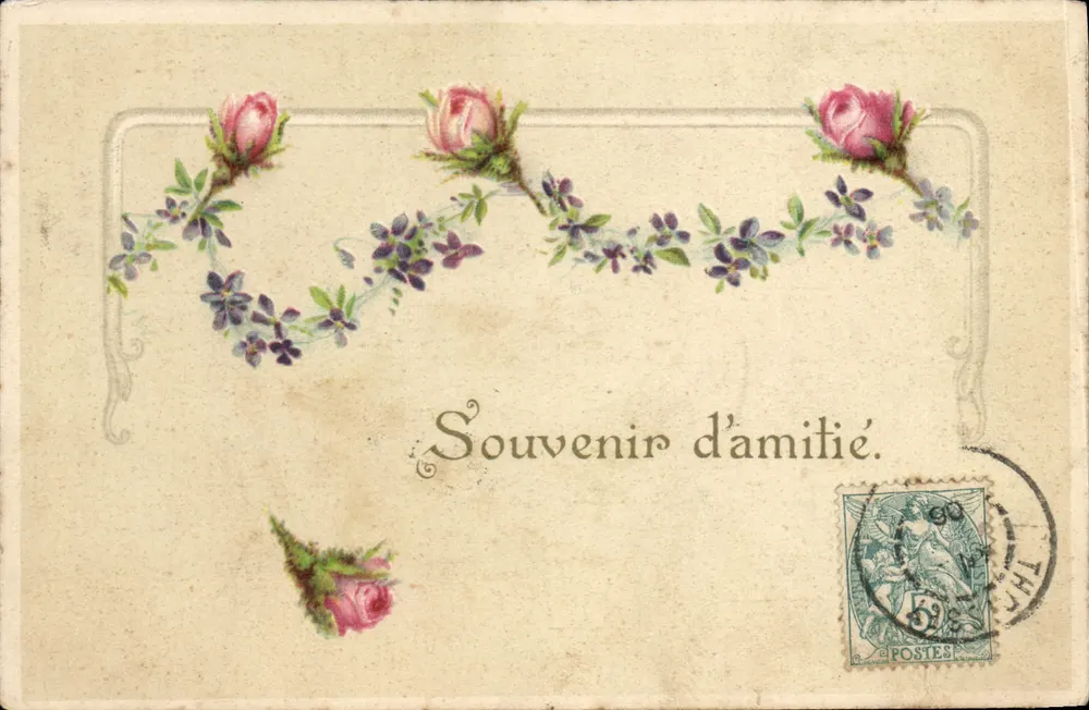 Bloemen en rozen — ansichtkaart versierd met rozen en violette bloemen — K. F. Uitgevers, Parijs, Serie 1066 - Voorkant