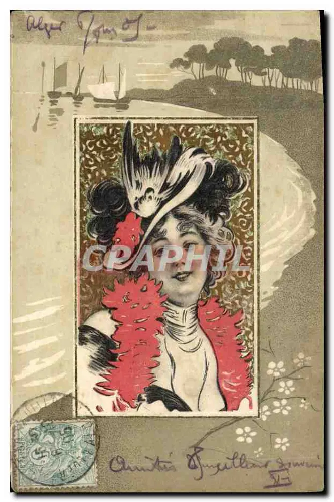 Femme en chapeau orné d'un oiseau — scène de rivage — éditeur 'Postkarte - Carte postale' (verso) - Vorderseite