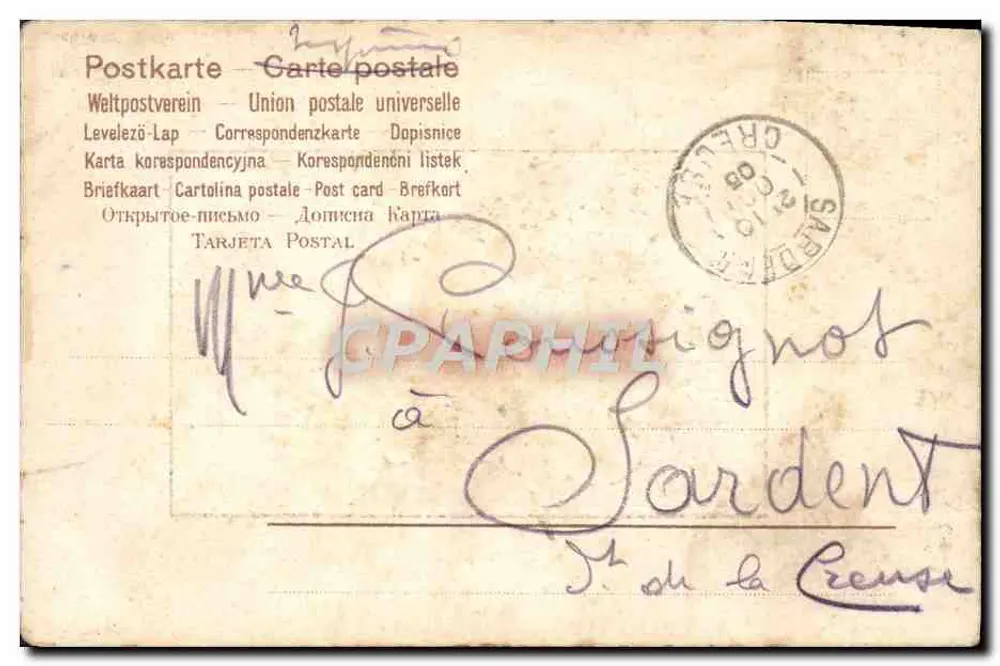Femme en chapeau orné d'un oiseau — scène de rivage — éditeur 'Postkarte - Carte postale' (verso) - Rückseite