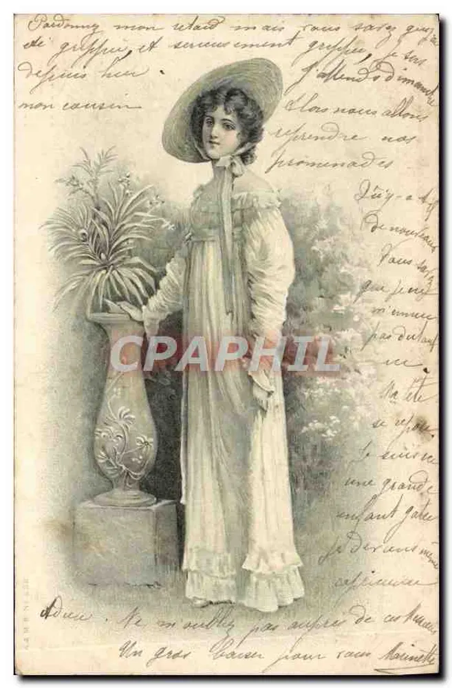Junge Frau in langer Robe und Hut — Illustration — Verleger nicht identifiziert - Vorderseite