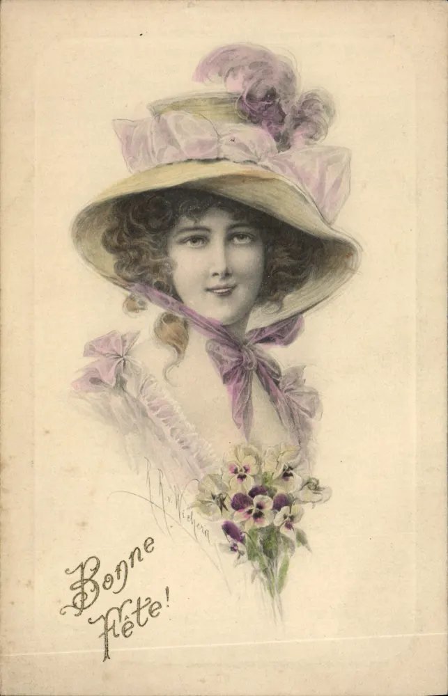 Junge Frau in Hut mit Blumen — Frohe Geburtstagskarte! — M. M. MUNK, Serie Nr. 450 - Vorderseite