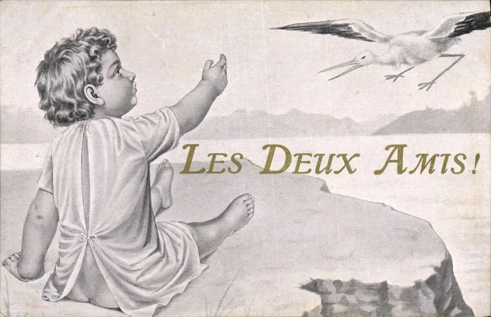 Kind und Storch — Les Deux Amis! — Ansichtskarte - Vorderseite