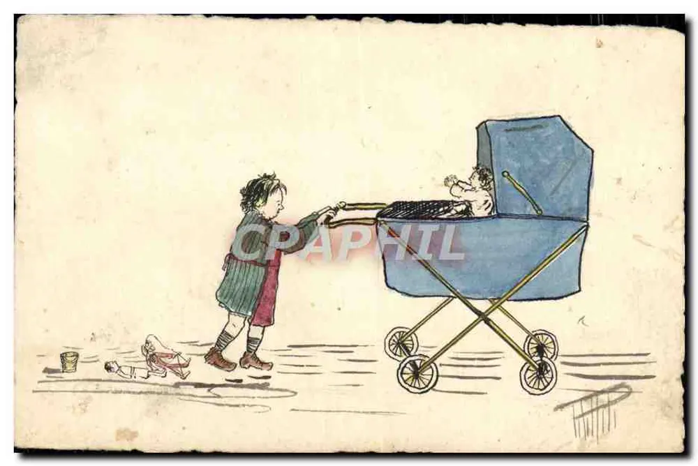 Kind, der einen Kinderwagen schiebt — Illustration — Verlag nicht sichtbar - Vorderseite
