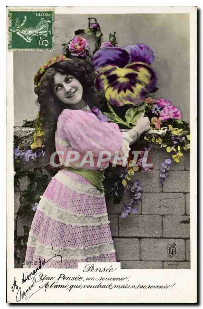 Frau mit Chrysanthemum — farbig bedruckte Karte — Serie 23, von KE, Paris - Vorderseite
