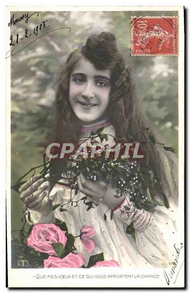 Joven sosteniendo un ramo de rosas y guirnalda — Tarjeta postal antigua de arte — editor A.D.S. n° no visible - Anverso