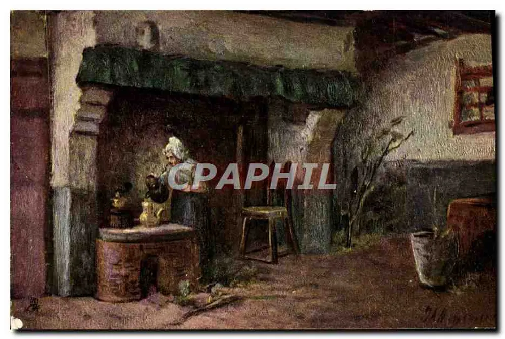 Frau vor einem Kamin — rustikales Interieur — Verlag Ramazel Tuck & Fils, Serie 510 - Vorderseite