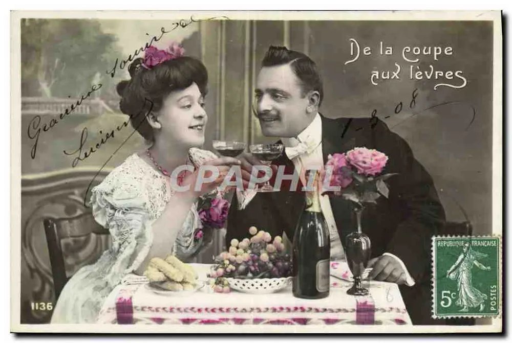 Festliches Paar am Tisch — Von der Flasche zum Mund — Verlag unbekannt, n° 1136 - Vorderseite