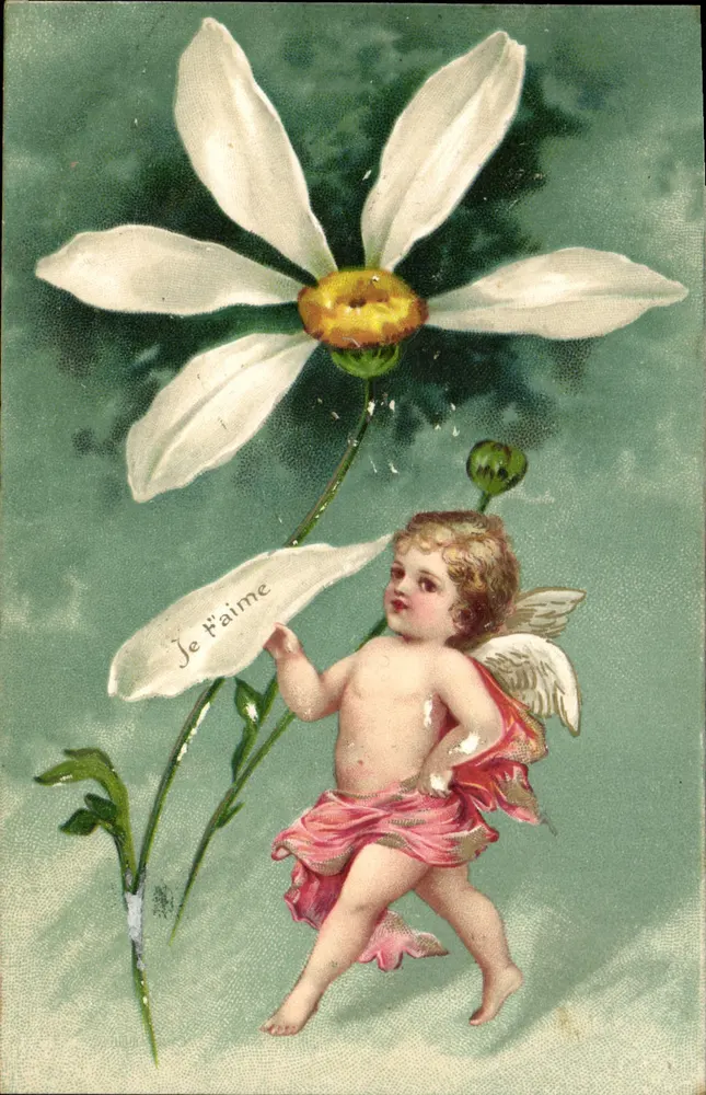 Cupidon e flor branca — texto 'Eu te amo' - Frente