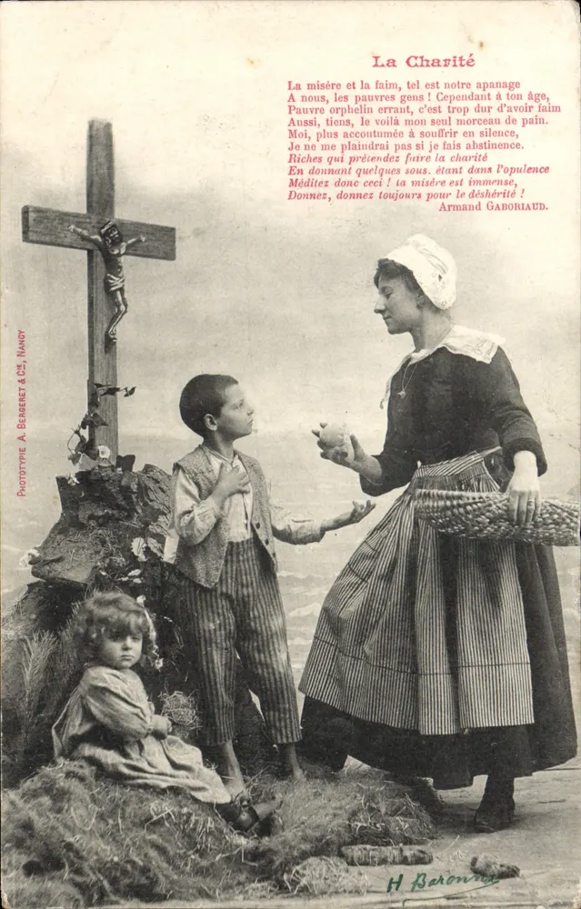 La Charité — cena de caridade com crianças e mulher — Fototipo A. Bergeret & Cie, Nancy - Frente