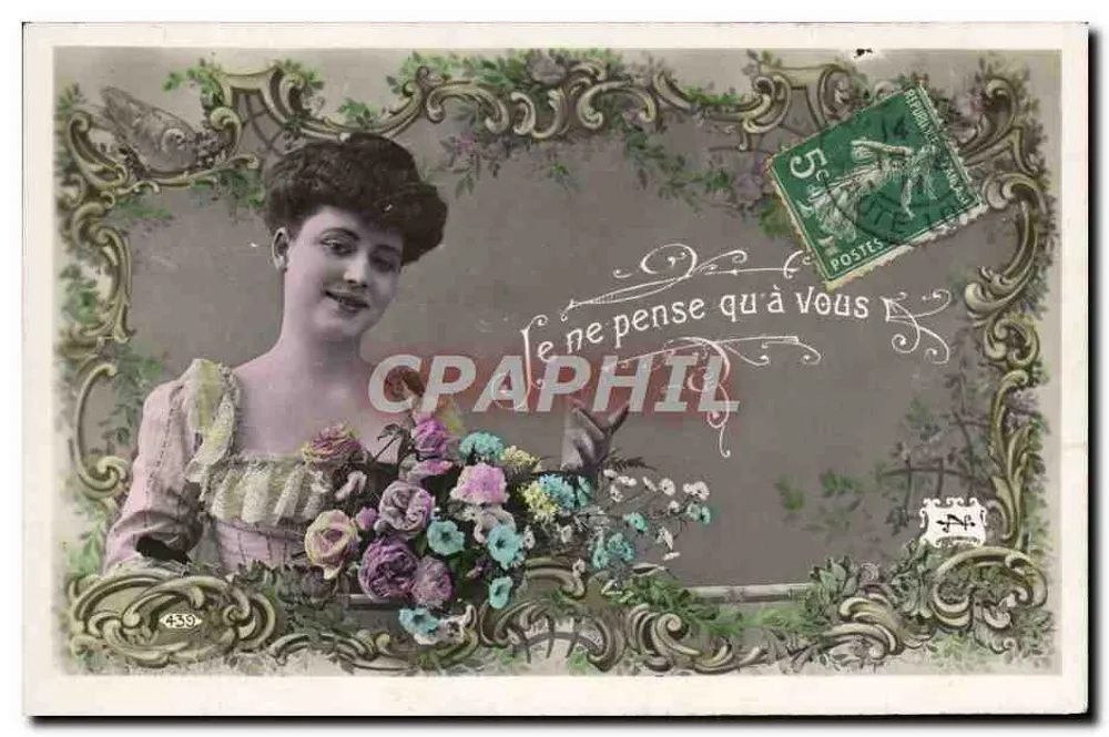 Frau mit Blumenstrauß — Text 'Je ne pense qu'à vous' — anonymer Verlag, Nr. 439 - Vorderseite