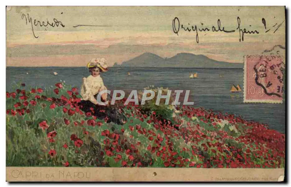 Frau sitzend unter Sonnenblumen — Capri von Neapel — Verlag T. Esalantini, Càrduo - Vorderseite