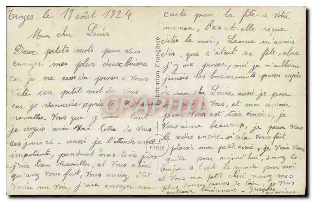 Paar in Intimität — Szene der Zärtlichkeit — Verlag 'Imprimerie Française' Nr. 1282 - Rückseite
