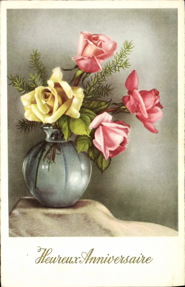 Arranjo de rosas — Aniversário — Cartão postal ilustrado - Frente