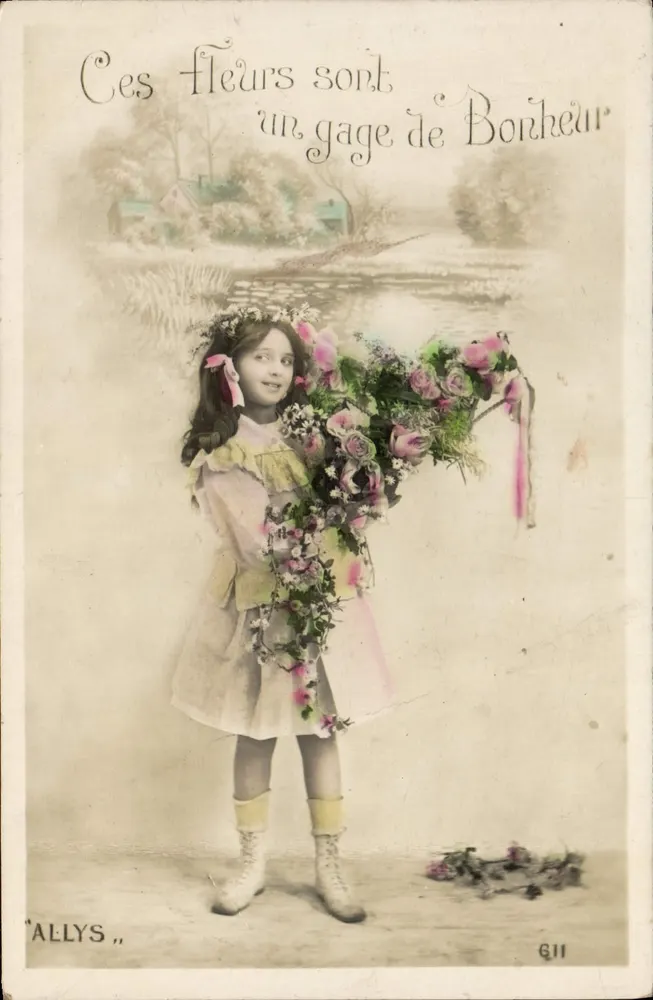 Menina segurando um buquê — 'Essas flores são um sinal de Felicidade' — ALLYS n° 611 - Frente