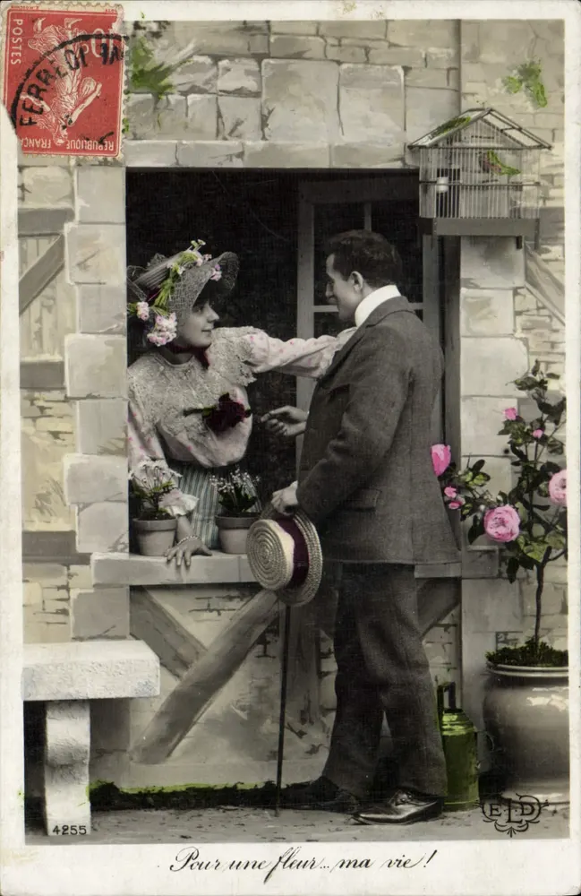 Frau am Fenster, die einer Mann eine Blume anbietet — E.D. — n° 4255 - Vorderseite