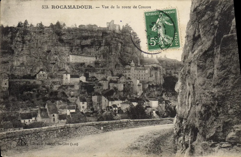 Rocamadour — Vista de la carretera de Couzou — Librería Raudel, St-Céré (Lot) - Anverso