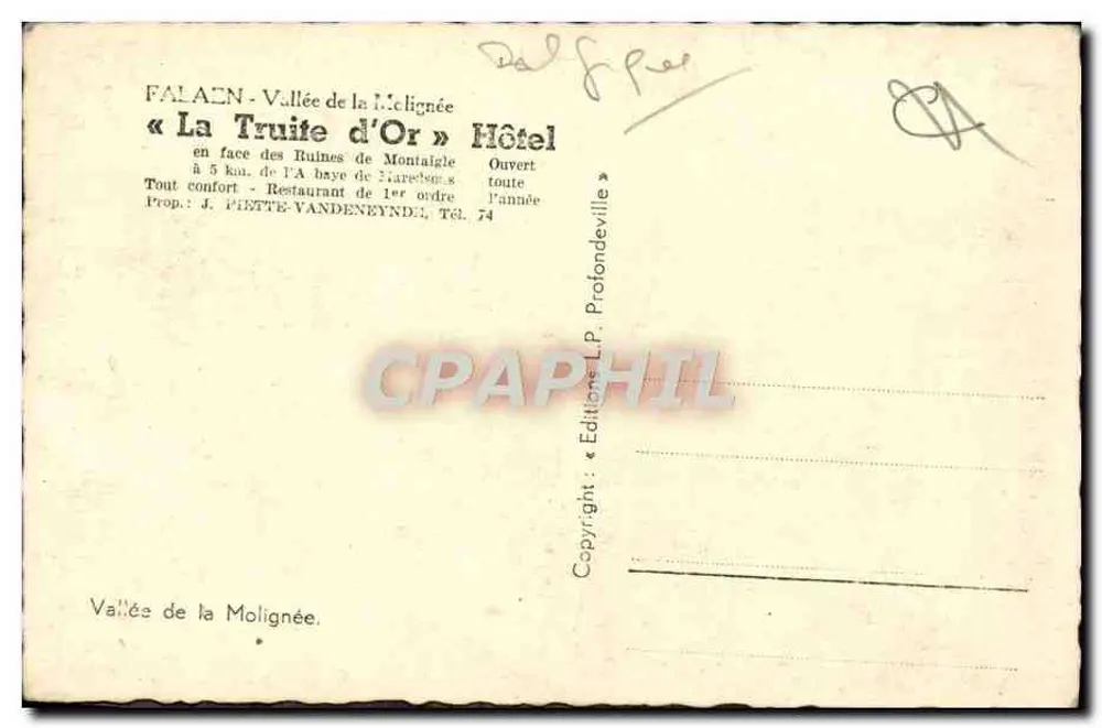 Falaise - Vallée de la Molignée — « La Truite d'Or » Hôtel — Éditions L.P. Protondeville - Verso
