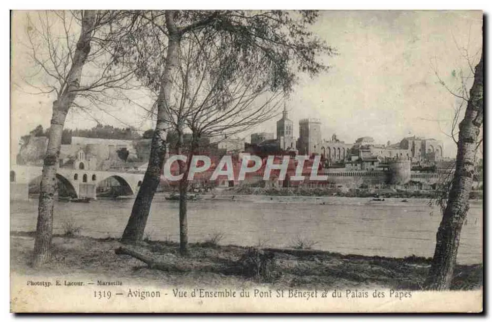 Avignon — Allgemeiner Blick auf die Brücke Saint-Bénézet und das Palais des Papes — Phototyp. E. Lacour — Marsotilla 1319 - Vorderseite