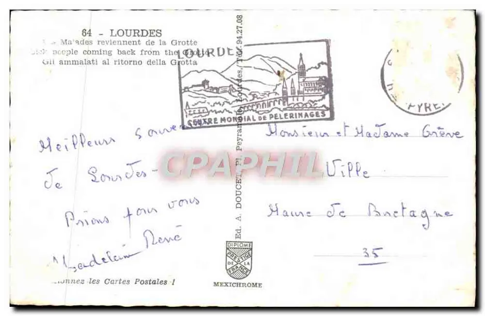 Lourdes — Grotte de Massabielle — Éd. A. Doucet, n° 64 - Verso