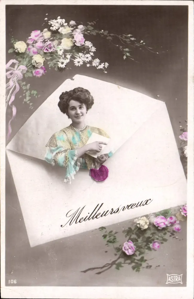 Mulher dentro de um envelope — Melhores desejos — Astra, n°106 - Frente