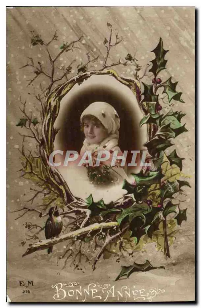 Frau im Winterkäppchen — Dekoration aus Efeu und Vogel — E.M. 216 - Vorderseite